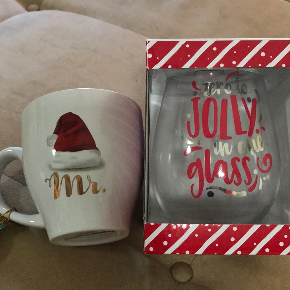 2 new Christmas glasses - coffee mug & wine glass
